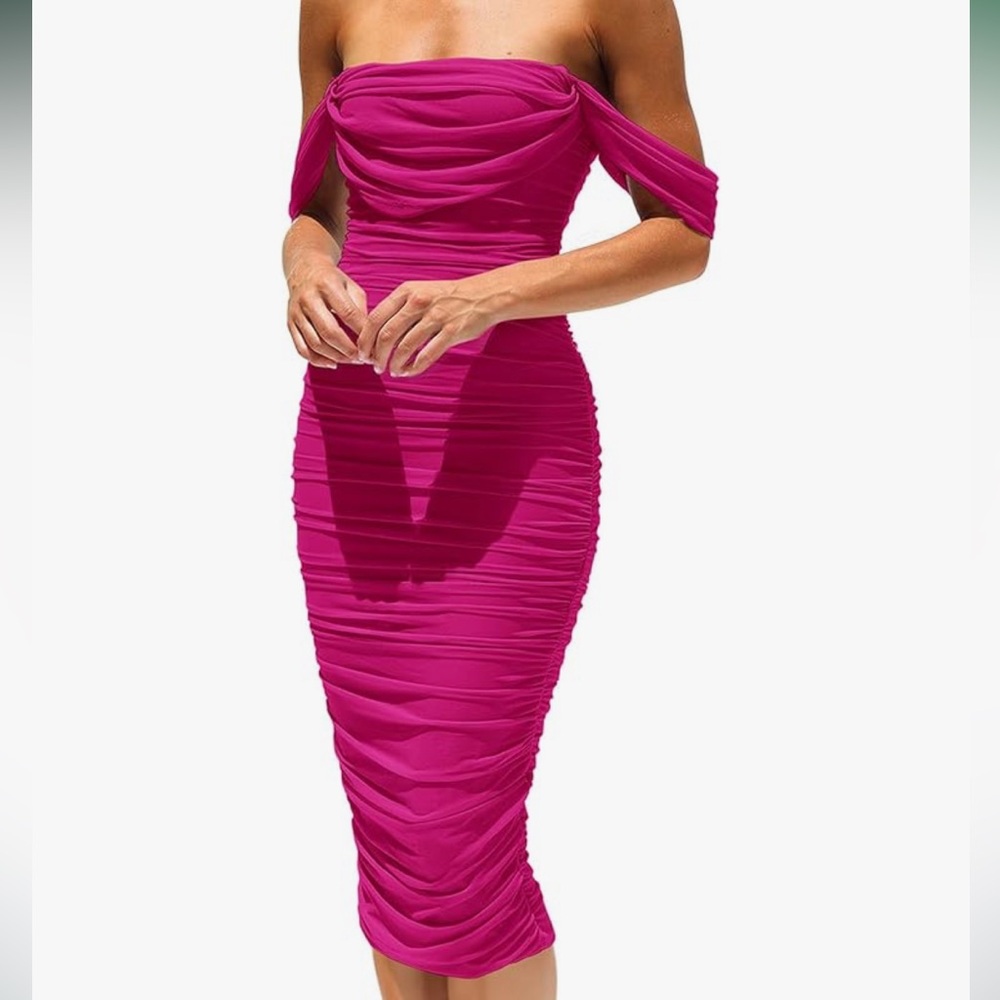 NWT Pretty Garden off the Shoulder Ruched Dress in Pink, Size XL.